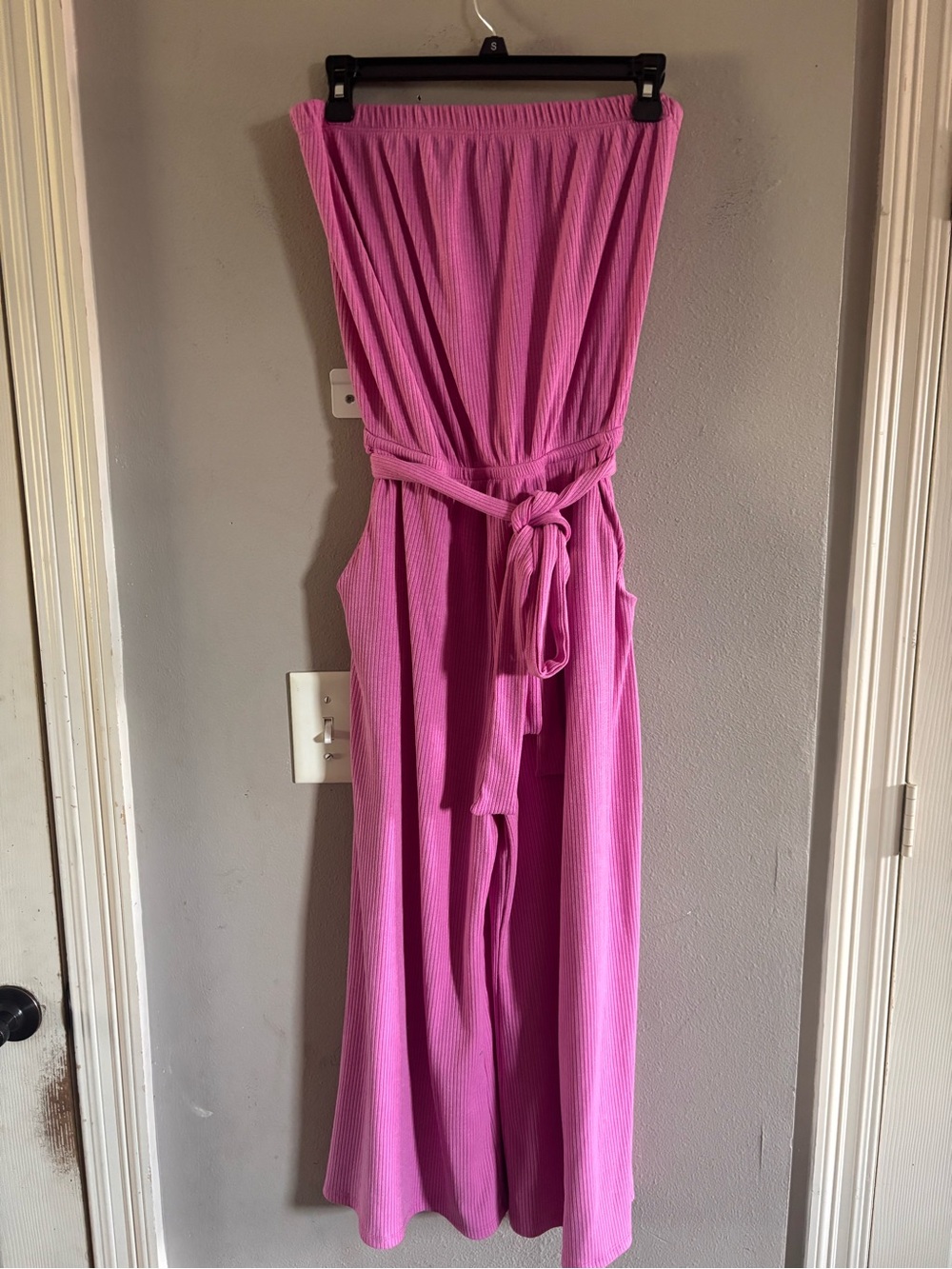 Strapless Pink Ribbed vici Jumpsuit with Waist Tie